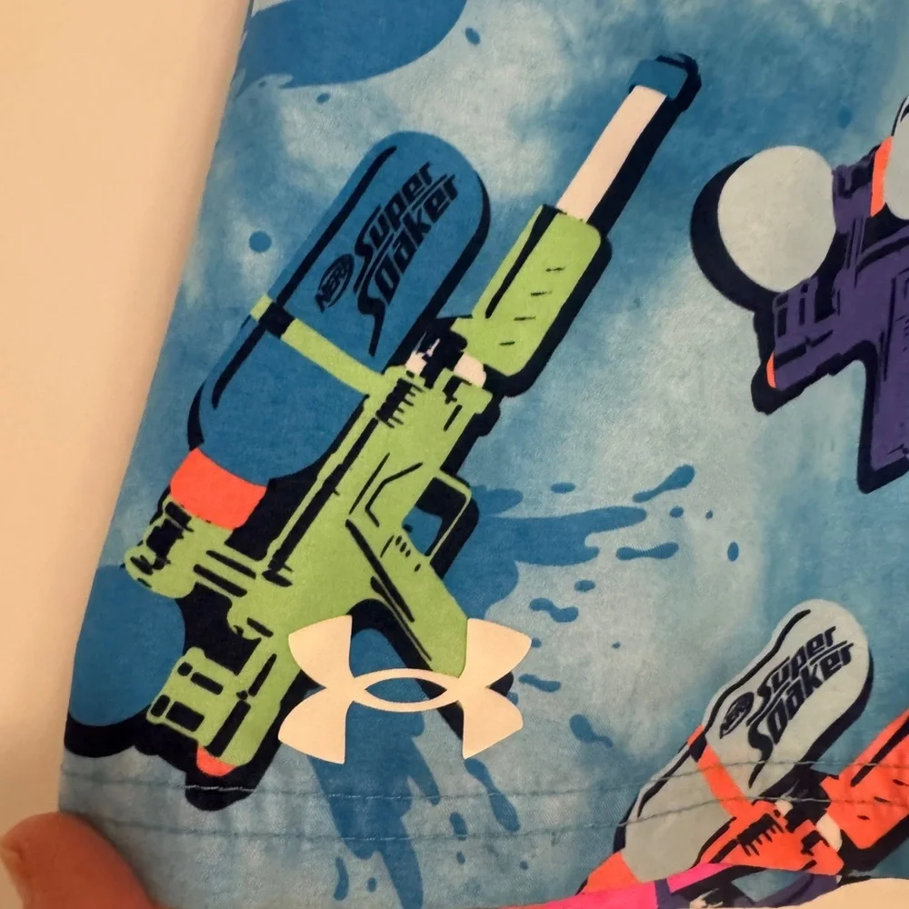 Under Armour Blue Swim Shorts with Neon Water Gun Print